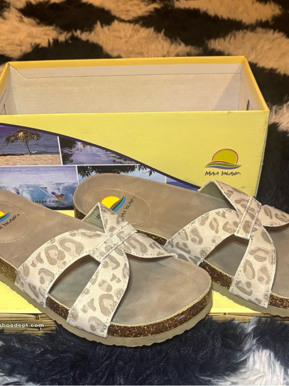 LG Leopard Print Crossband Cork-Style Slide Sandals in Beige